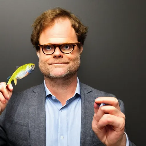 Image similar to proud rainn wilson holding a tiny piece of paper and a fish above his head by rubins