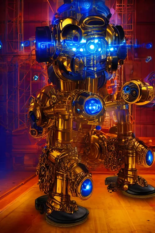 Image similar to portrait photo of a giant huge golden and blue metal humanoid steampunk robot cleaner robot, with gears and tubes, on the floor are mop and bucket, eyes are glowing red lightbulbs, shiny crisp finish, 3 d render, 8 k, insaneley detailed, fluorescent colors, background is multicolored lasershow