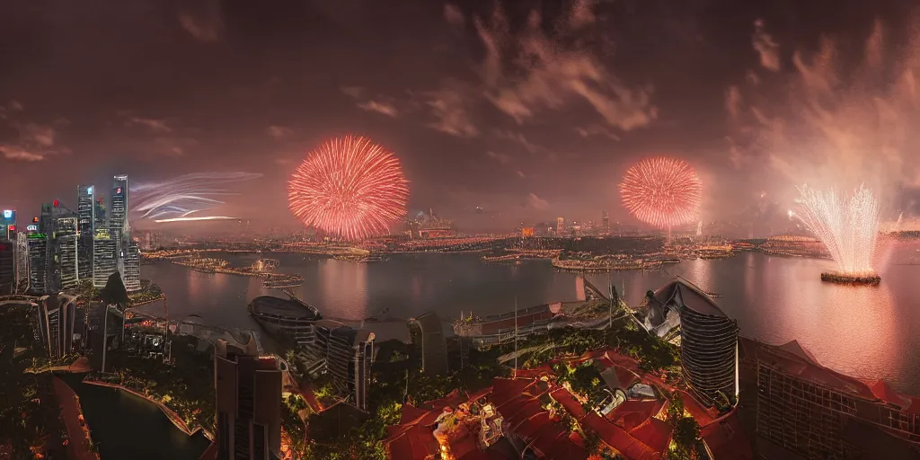 Image similar to Singapore city, Singapore Esplanade, Singapore Marina Bay, with a lion-shaped cloud in the sky and fireworks in the sky, by greg rutkowski, red and white lighting, digital art, ultra realistic, ultra detailed, photorealistic, 4k, character concept