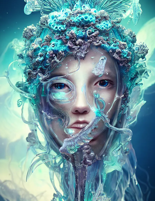 Image similar to goddess macro close - up portrait wigh crown made of ram skull. betta fish, jellyfish phoenix, bioluminiscent, plasma, ice, water, wind, creature, super intricate ornaments artwork by tooth wu and wlop and beeple and greg rutkowski