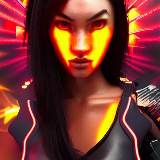 Image similar to beautiful japanese cyborg with megan fox face, digital led skin, neon lighting, techno neon projector background, portrait photo, octane render