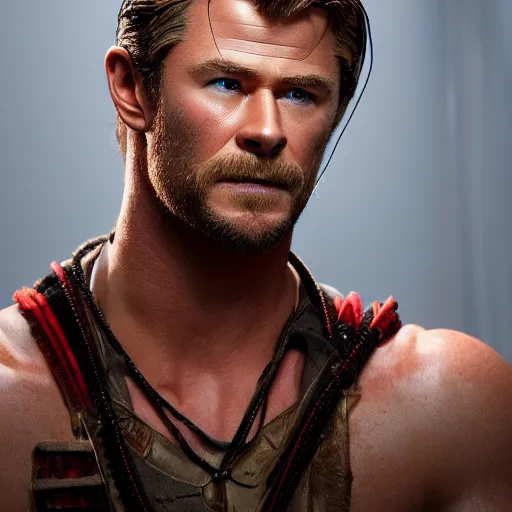 Prompt: animatronic Chris Hemsworth, exposed wires, photo, Stan Winston studios, detailed, 4k