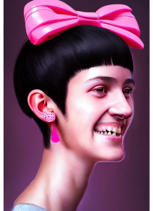 Image similar to portrait of teenage girl, realistic, black hair, bangs, half updo hairstyle, pointy nose, skinny, smile, ugly, defined jawline, big chin, pink hair bow, earrings, intricate, elegant, glowing lights, highly detailed, digital painting, artstation, sharp focus, illustration, art by wlop, mars ravelo and greg rutkowski