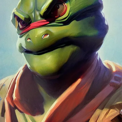 Image similar to greg manchess portrait painting of a teenage mutant ninja turtle, medium shot, asymmetrical, profile picture, organic painting, sunny day, matte painting, bold shapes, hard edges, street art, trending on artstation, by huang guangjian and gil elvgren and sachin teng