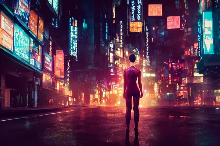 Image similar to VFX movie portrait closeup beautiful blade runner giant hologram woman natural skin, natural night street lighting in the city alley by Emmanuel Lubezki
