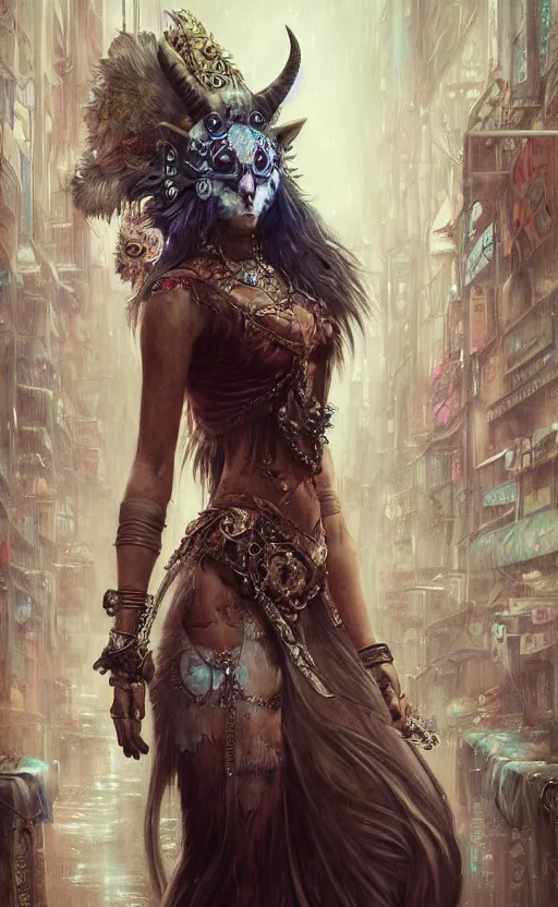 Image similar to hyper realistic Princess Mononoke, ornate mask magic, wet market street, cyberpunk metropolis, city landscape, jewels, full body pose, full moon, style of tom bagshaw, mucha, james gurney, norman rockwell, denoised, sharp