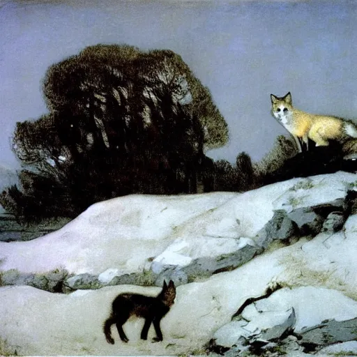 Prompt: Courbet's art, like his life, did decline in exile. One of the best pictures here, ''Fox in the Snow,'' is from around 1860, hardly late in Courbet's life. It shows a landscape built up by layers of pigment as solid and packed as the snow. As often with him, there is the evocation of muffled air: the air as something tangible and unchanging, like stone. This is not pretty painting. It's a brutish picture, a wounded animal starkly silhouetted, painted with a sensuous concentration that seems almost akin to love.