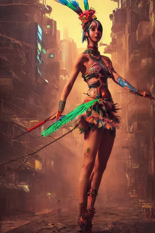 Image similar to An epic fantasy comic book style full body portrait painting of a very beautiful cyberpunk Hula Dancer, character design by Mark Ryden and Pixar and Hayao Miyazaki, unreal 5, DAZ, hyperrealistic, octane render, cosplay, RPG portrait, dynamic lighting, intricate detail, cinematic