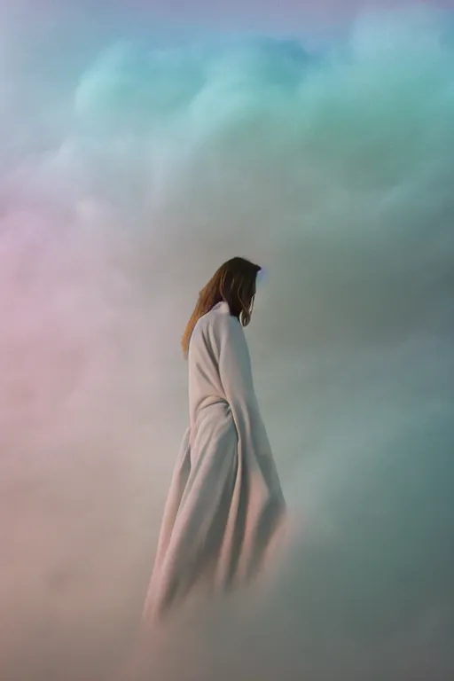 Image similar to high quality pastel coloured film close up wide angle photograph of a model wearing clothing resting on cloud furniture in a icelandic black rock!! environment in a partially haze filled dreamstate world. three point light, rainbow. photographic production. art directed. pastel colours. volumetric clouds. pastel gradient overlay. waves glitch artefacts. extreme facial clarity. 8 k. filmic.