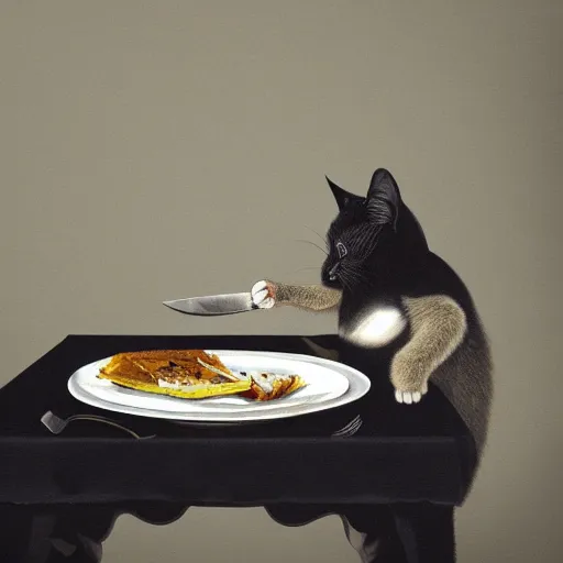 Prompt: a black cat with yellow eyes sitting at the table, eating a plate of mice using a knife and a fork, matte painting, photorealistic, oil painting, illustration