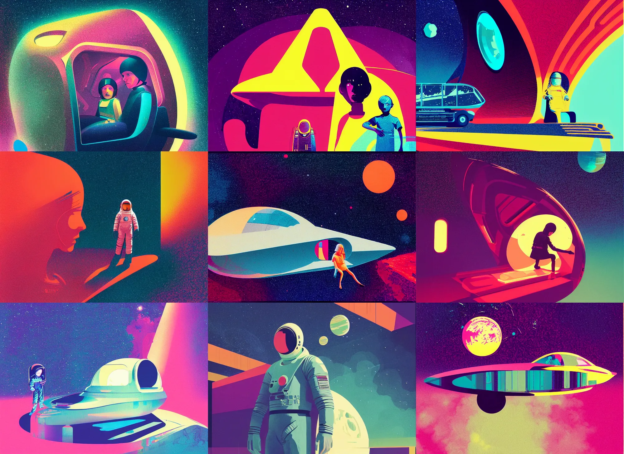 Prompt: ( ( strong dither ) ), editorial illustration interior portrait of space ship with a young astronaut girl, colorful modern, mads berg, karolis strautniekas, christopher balaskas, fine texture, dynamic composition, detailed, matte print, dynamic perspective, halftone texture, muted color, lomography, risograph