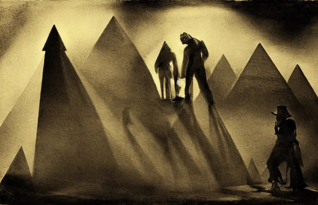 Image similar to light and shade should blend without lines or borders, in the manner of smoke the pyramid of figures is drawn together intact flawless ambrotype from 4 k criterion collection remastered cinematography gory horror film, ominous lighting, evil theme wow photo realistic postprocessing interpolated rotoscope there is no sense of movement tintype intricate painting by john singer sargent