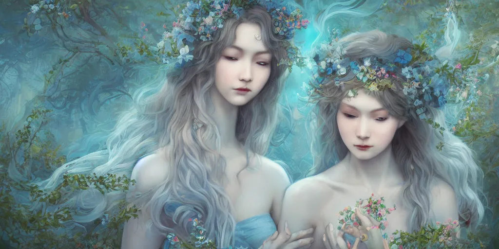 Prompt: breathtaking detailed concept art painting of two hugs goddesses of light blue flowers, carroty hair, orthodox saint, with anxious piercing eyes, ornate background, amalgamation of leaves and flowers, by hsiao - ron cheng, extremely moody lighting, 8 k