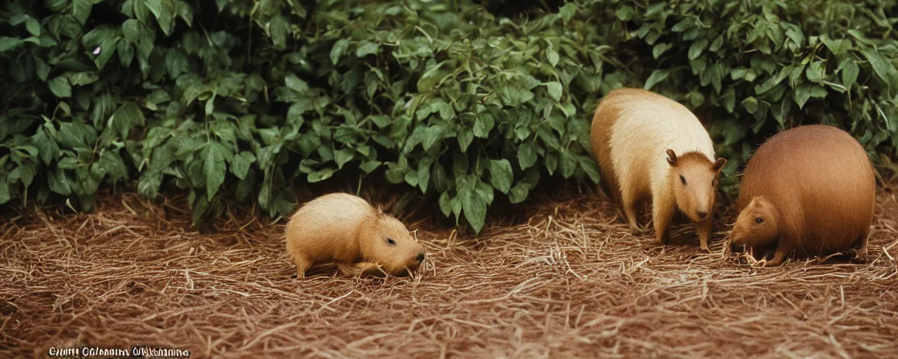 Image similar to one single capybara eating spaghetti from a bush, in the style of national geographic, canon 5 0 mm, film, kodachrome, retro, muted