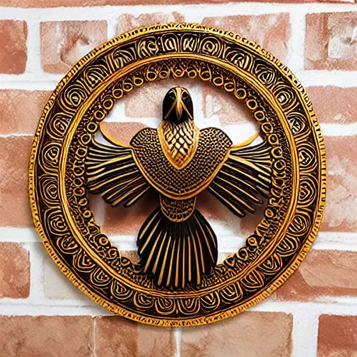 Image similar to gorgeous ornated wooden realistic detailed sacred falcon wall decoration with golden filigree led