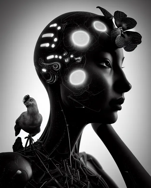 Prompt: surreal mythical dreamy dark artistic black and white fine art photo of a monumental sculpture of a cyborg female with orchid - bird head and a luminous brain, rim light, cinematic, studio dramatic light, poetic, octane render, 8 k, photo - realistic