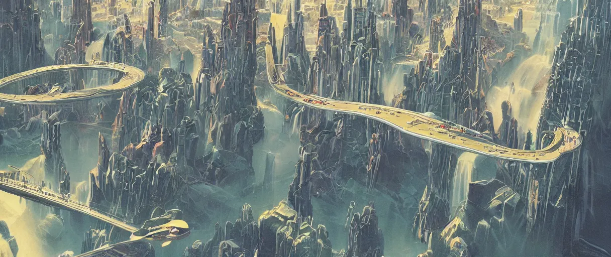 Prompt: A beautiful illustration of a futuristic city of bridges built on a world of waterfalls by Robert McCall and Ralph McQuarrie | Graphic Novel, Visual Novel, Colored Pencil, Comic Book:.6 | unreal engine:.3 | | viewed from above | establishing shot:.7