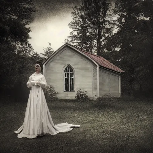 Prompt: picture of ghostly bride in front of an old wooden white church, 1 9 th century southern gothic scene, made by lagerstedt, mikko