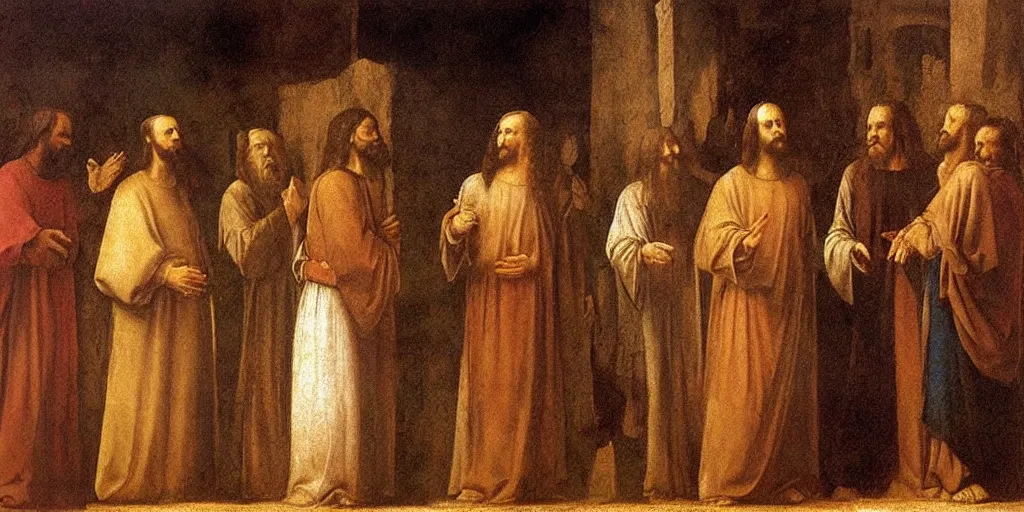 Image similar to high queality painting, jesus christ talking to the people in judea, by leonardo davinci