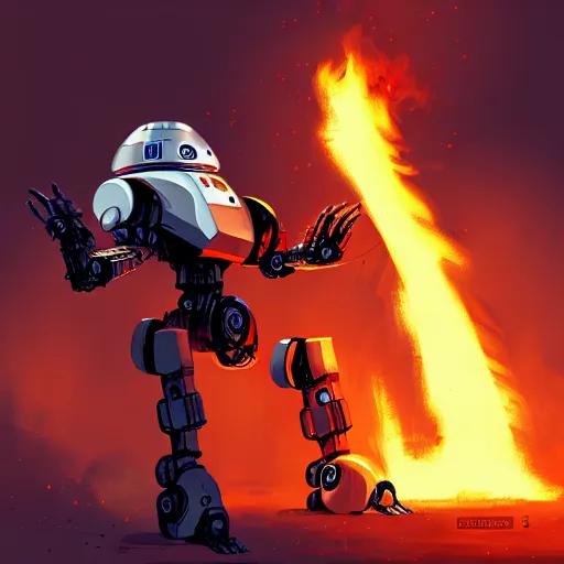 Prompt: A mecha droid shooting a fire ball, trending on artstation, professional art