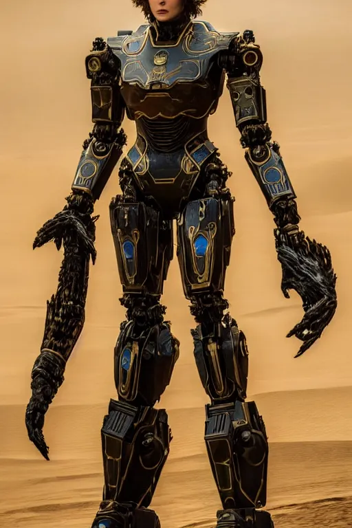 Image similar to cinematic still in dune movie and pacific rim movie and ps 5 game machine warrior 5, intricate ornate humanoid mecha warrior,