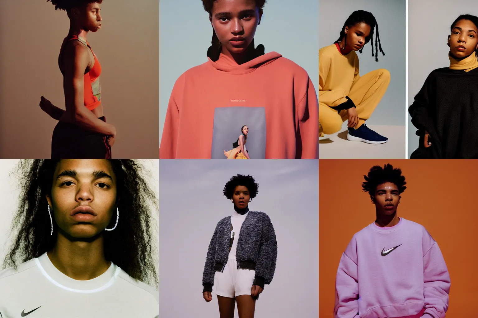 Prompt: realistic photoshooting for a new nike lookbook, color film photography, portrait of a beautiful woman, in style of Tyler Mitchell, 35mm,