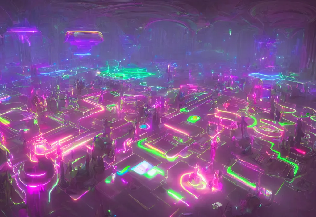 Prompt: a room full of confused wizards in their library playing with their new room sized magical glowing computers, infinite hallways, bright neon rainbow light from magic entities, artstation, concept art, 8k octane