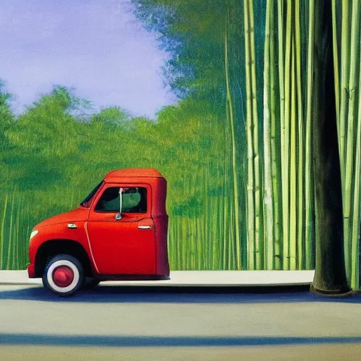 Image similar to a red daihatsu delta truck parked in the apex of a curve with the road surrounded by a canopy of bamboo trees, the shadows of the leaves are proyected onto the road painting by edward hopper