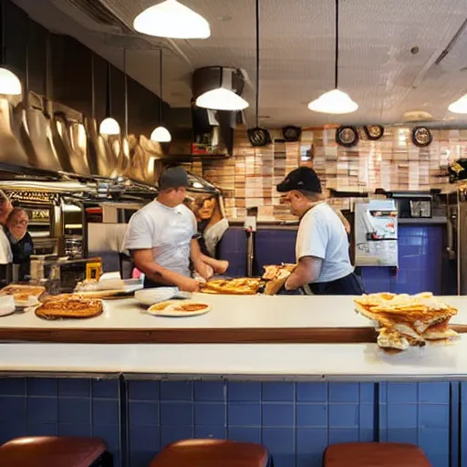 Image similar to busy wafflehouse interior with customers eating breakfast and wafflehouse employees serving food and cooking behind countertop