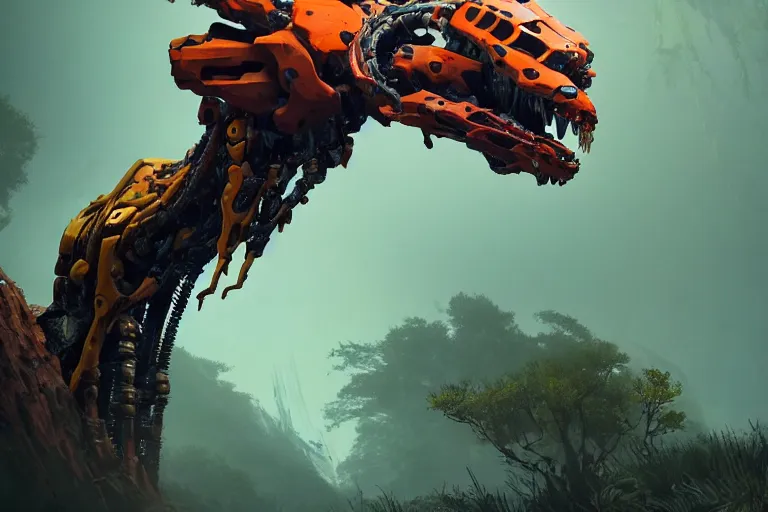 Image similar to portrait of a posed hyper detailed yellow scrounger evangelion realistic mechanical and fleshy organic creature similar look as horizon forbidden west horizon zero dawn bioluminiscence in a dark deep forest at dawn in spring, with reflection and textures, by kilian eng, substance painter reaslitic mech surface metal painted scratches