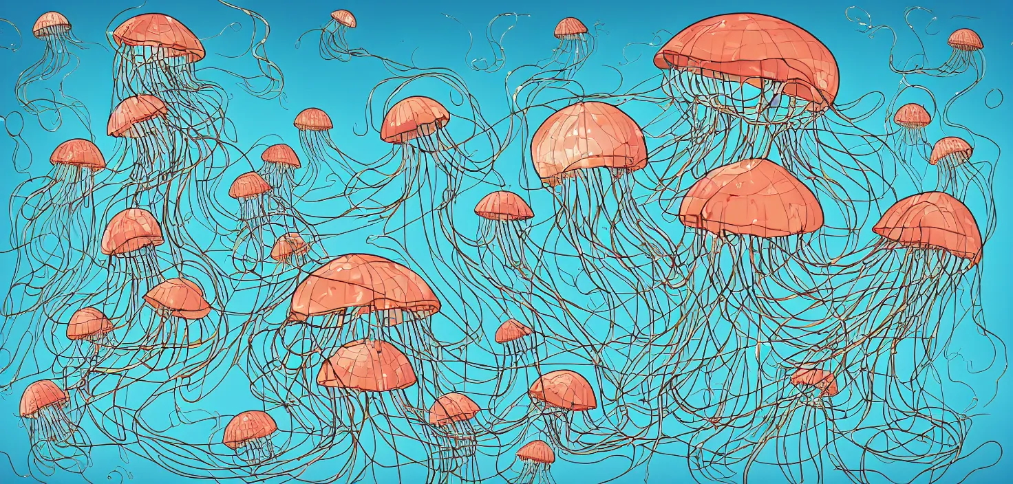 Image similar to cartoon storybook illustration of A floating island of jellyfish tangled together into nets by jellyfish cannons