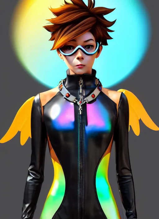 Prompt: portrait bust digital artwork of tracer overwatch, wearing iridescent rainbow latex and leather straps catsuit outfit, 4 k, expressive whistling face, makeup, in style of mark arian, angel wings, wearing detailed leather collar, chains, black leather harness, detailed face and eyes,