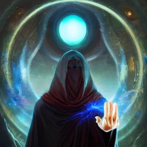 Image similar to the creator of worlds wearing a cloak and holding a holographic planet projection in his hand, detailed, sci - fi, digital painting, artstation, sharp focus, illustration, ominous, artgerm, tomasz alen kopera, peter mohrbacher, donato giancola, joseph christian leyendecker, wlop, frank frazetta