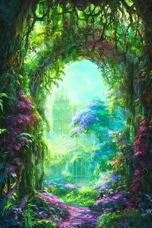 Image similar to digital painting of a secret garden through a doorway, concept art, artstation, vaporwave, nature, lush, greenery, fantasy, fantasy aesthetic, fantasy vibe, colorful, faded effect, artstation, trending, detailed, small details, scenery,