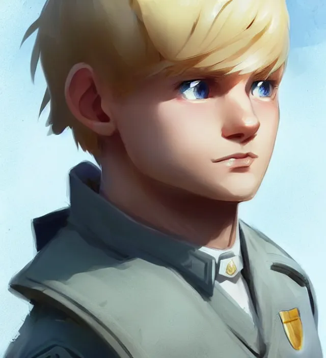 Image similar to character concept art of a cute young german boy with blond hair and bluish eyes, wearing a military uniform. lovely - fine - face, key visual, realistic shaded perfect face, fine details by rossdraws, james jean, andrei riabovitchev, marc simonetti, sakimichan, trending on artstation