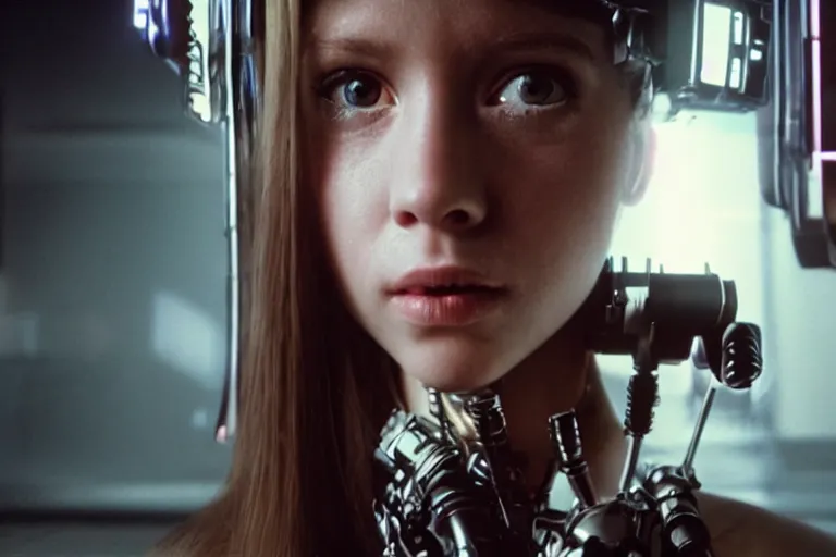 Prompt: cinematography closeup portrait of a cyborg girl in a cyberpunk apartment by Ridley Scott