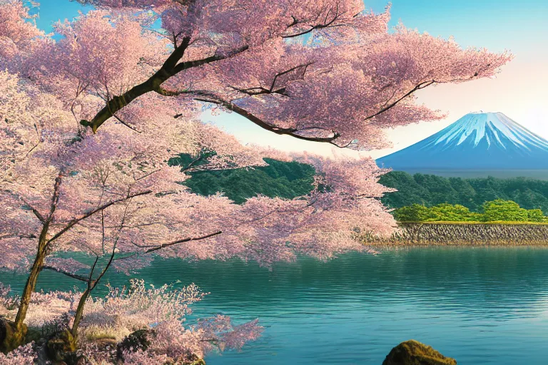 Image similar to mount fuji, view from behind lake, sunny morning, photorealistic landscape, 8 k, octane render, standing under blossoming cherry trees