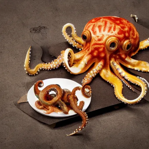 Image similar to octopus made of steel eating fastfood, 5 5 mm