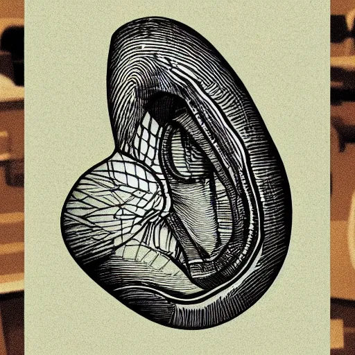 Image similar to stipple shaded illustration of a human ear, a bird looking inside the ear, by ilya kuvshinov, anatomy book, retro flat colors, retrofuturism