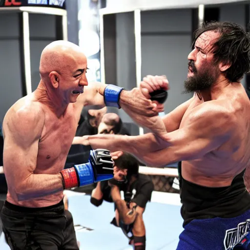 Prompt: jeff bezos fighting a hobo at ufc 2 6 9, photorealistic picture, dslr, 8 k, high fidelity, action shot