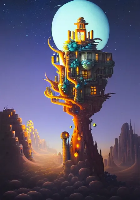 Prompt: a single building flying above a desert oasis in a moonlit night in the style of peter mohrbacher and jacek yerka, detailed