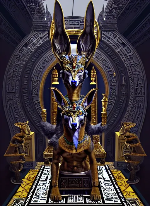 Image similar to angry god anubis, growling jackal with egyptian headdress and nemes, ornate art nouveau marble throne room, black and silver palette, symmetrical background, fantasy, intricate, elegant, highly detailed, colorful, dark colors, dramatic shadow, digital painting, artstation, concept art, art by artgerm and greg rutkowski and ruan jia,