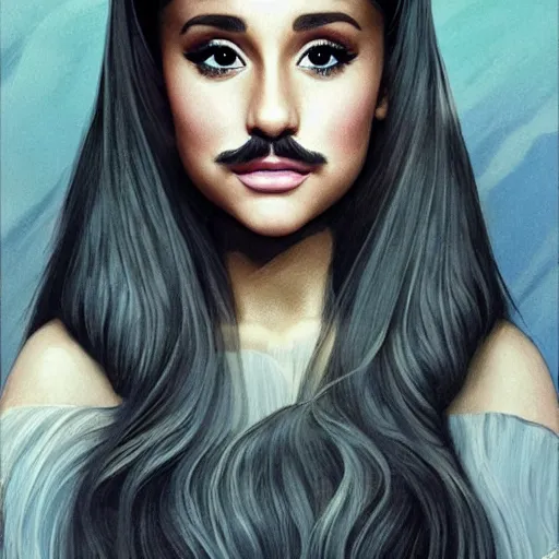 Image similar to Ariana Grande with a mustache, intricate, mustche, elegant, hairy mustache, highly detailed, Chevron stache, centered, digital painting, artstation, Walrus mustache, concept art, smooth, sharp focus, illustration, art by artgerm and H R Giger and alphonse mucha