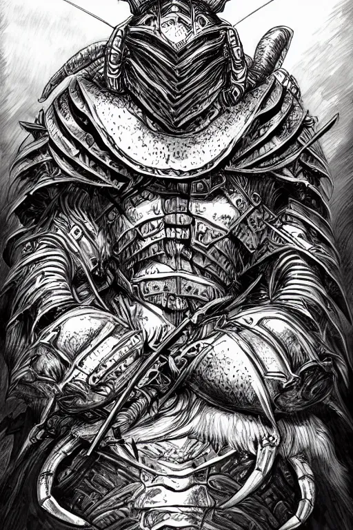 Image similar to human warrior, lobster themed armour, hermit crab, symmetrical, highly detailed, digital art, needles, sharp focus, trending on art station, kentaro miura manga art style