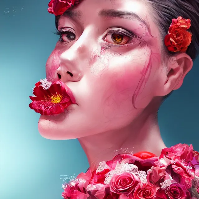 Image similar to studio portrait absurdly beautiful, elegant, graceful, young hypercolorful contrast latina gravure idol rubies and red petals, ultrafine hyperrealistic detailed face illustration by kim jung gi, irakli nadar, intricate linework, sharp focus, bright colors, matte, octopath traveler, final fantasy, unreal engine highly rendered, global illumination, radiant light, intricate environment