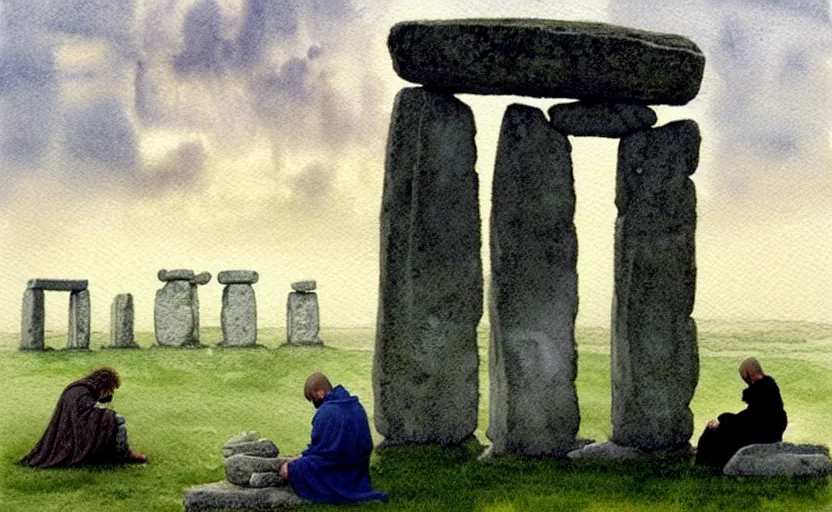 Prompt: a hyperrealist watercolour character concept art portrait of one small grey medieval monk kneeling down in prayer in front of a complete stonehenge monument on a misty night. a huge stone is in the sky. by rebecca guay, michael kaluta, charles vess and jean moebius giraud