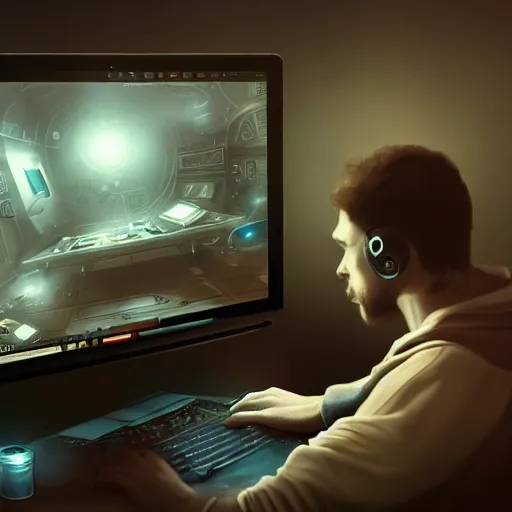 Prompt: realistic man using laptop in gaming room, artstation trends, sci fi concept art, highly detailed, intricate, sharp focus, digital art, 8 k