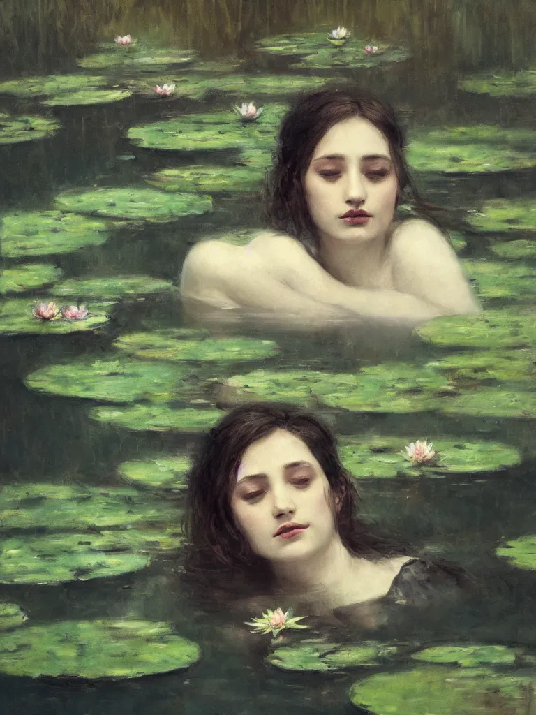 Prompt: detailed cinematic moody colors studio portrait of a victorian young lady sleeping in a victorian pond, water lilies, ofelia inspired high quality by jeremy mann, only one head single portrait