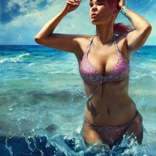Image similar to halsey in a bikini, 8 k octane beautifully detailed render, post - processing, extremely hyper - detailed, intricate, epic composition, cinematic lighting, masterpiece, trending on artstation, masterpiece, stunning art by anders zorn, wonderful masterpiece by greg rutkowski, beautiful cinematic