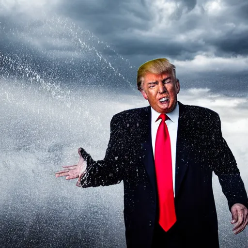 Image similar to 4 k hdr full body wide angle sony portrait of donald trump showering in a rainstorm with moody stormy overcast lighting